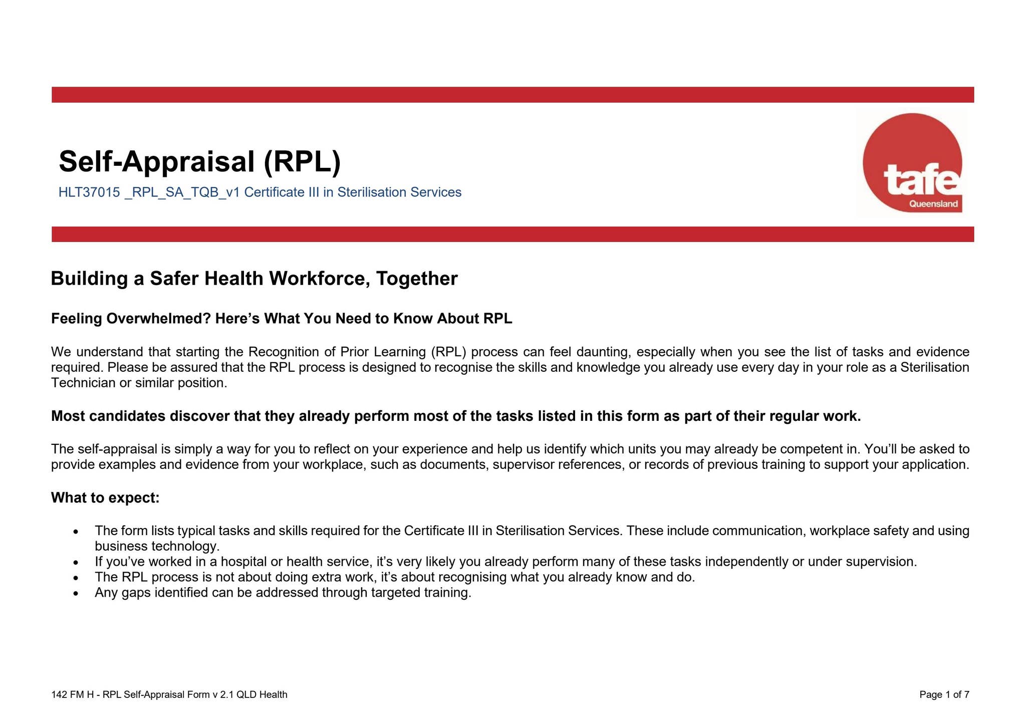 RPL Self-Appraisal Form by TAFE Queensland - Issuu