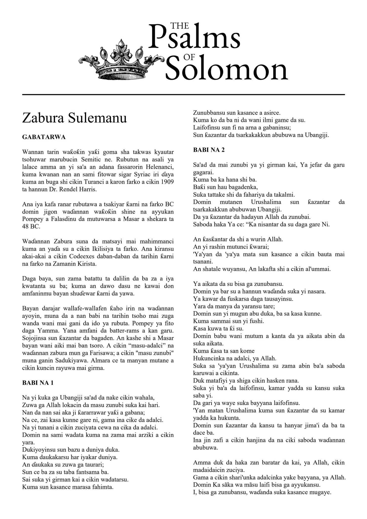 Hausa Script Hausa - Psalms of Solomon by Filipino Tracts and Literature Society Inc ...