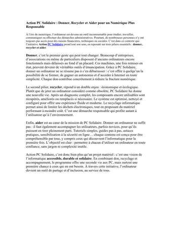 Action PC Solidaire  Donner, Recycler et Aider pour un Numérique Plus Responsabl