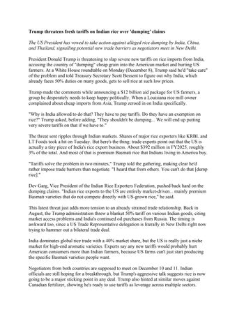 Trump threatens fresh tariffs on Indian rice over