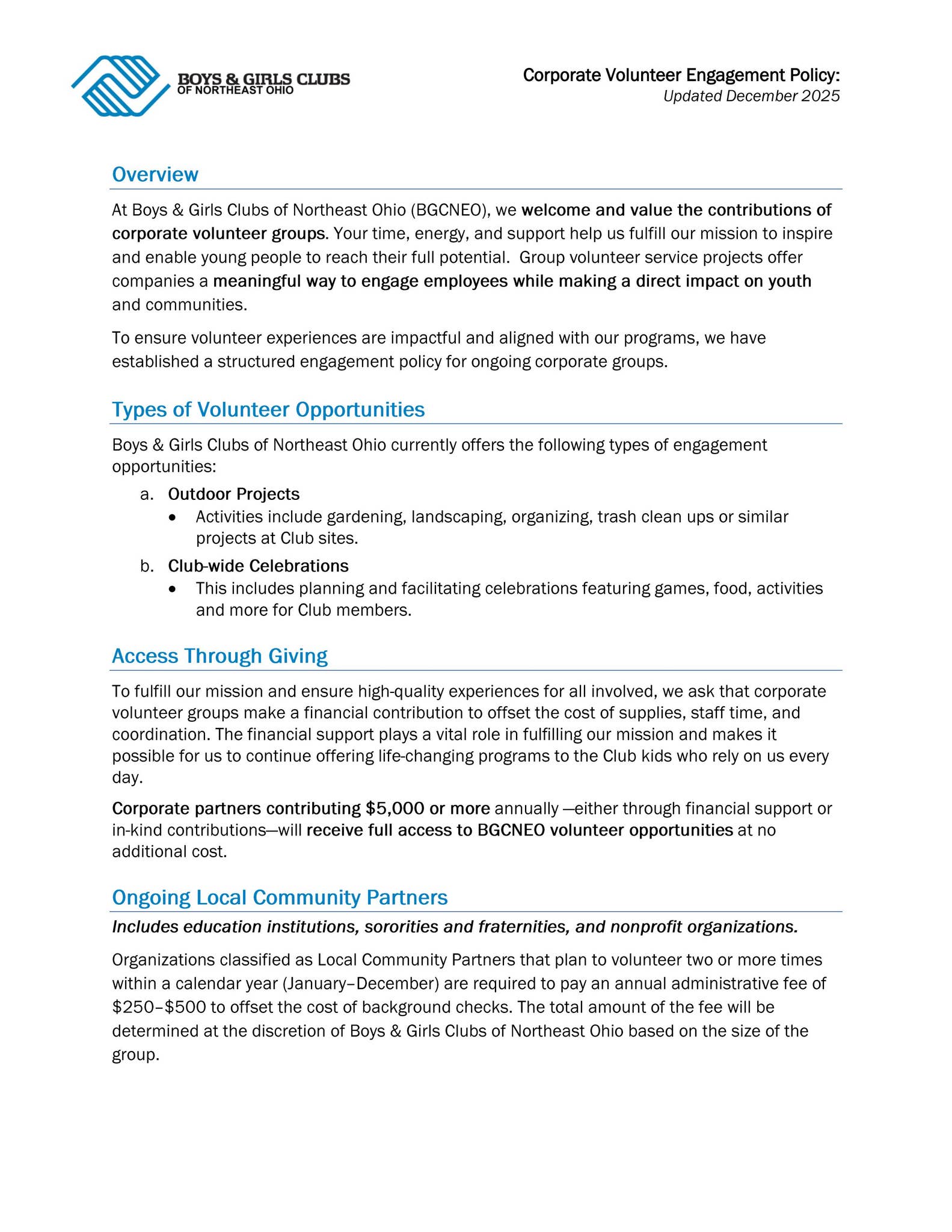 BGCNEO Corporate Volunteer Engagement Policy by Boys & Girls Clubs of ...