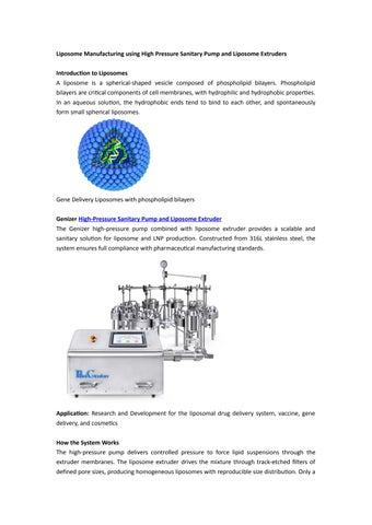 Liposome Manufacturing using High Pressure Sanitary Pump and Liposome Extruders