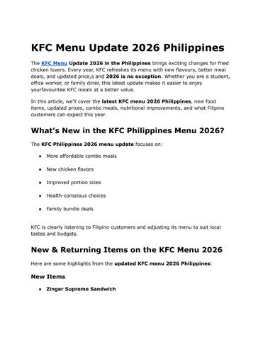 KFC Menu Update 2026 Philippines
