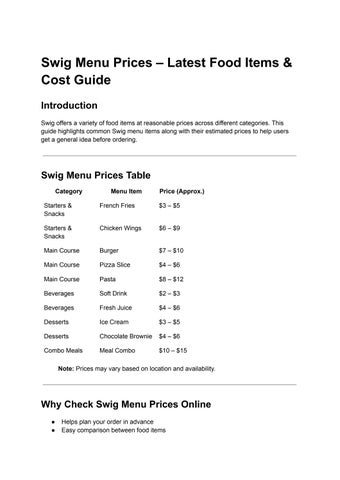 Swig Menu Prices PDF – Latest Food Items & Cost Guide