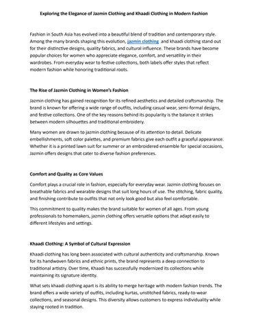 Exploring the Elegance of Jazmin Clothing and Khaadi Clothing in Modern Fashion