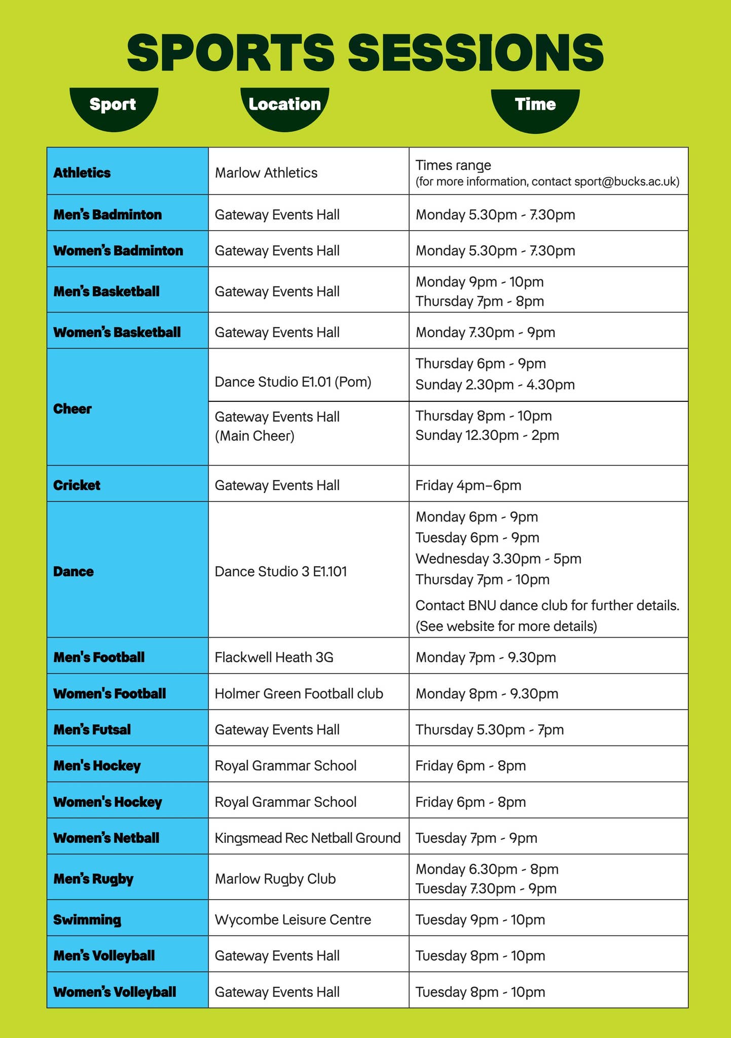 Sports Activity Timetable timetable_Sports taster flyer_2026 1 by Bucks Students' Union - Issuu