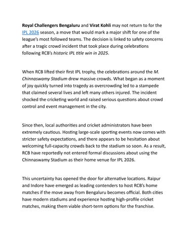 Why RCB and Virat Kohli May Play Away From Bengaluru in IPL 2026