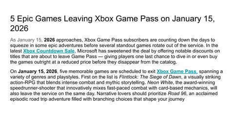 5 Epic Games Leaving Xbox Game Pass on January 15, 2026