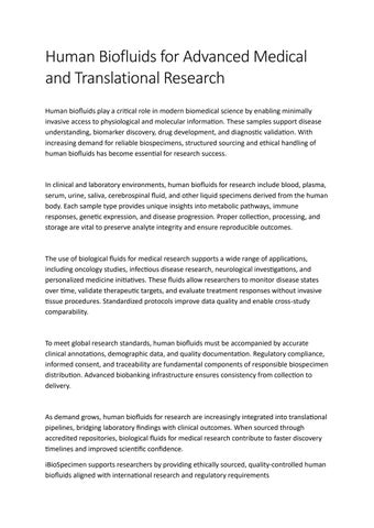 Human Biofluids for Medical & Research Applications