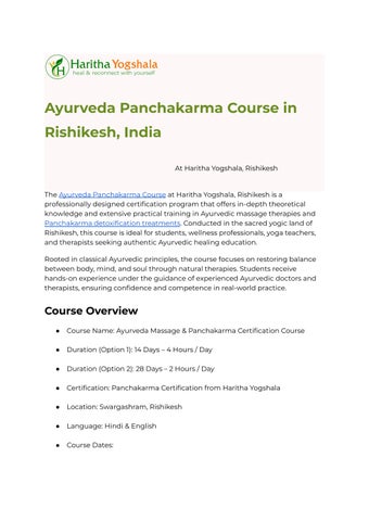Ayurveda Panchakarma Course in Rishikesh, India by Haritha Ayurveda - Issuu