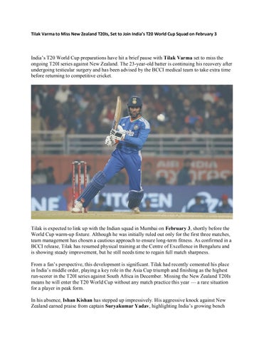 Tilak Varma to Miss New Zealand T20Is, Set to Join India’s T20 World Cup Squad on February 3