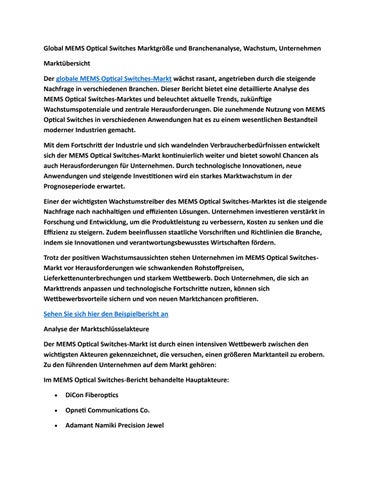 Global MEMS Optical Switches Marktgröße und Branchenanalyse, Wachstum, Unternehmen