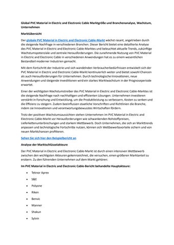 Global PVC Material in Electric and Electronic Cable Marktgröße und Branchenanalyse, Wachstum, Unter