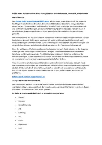 Global Radio Access Network (RAN) Marktgröße und Branchenanalyse, Wachstum, Unternehmen