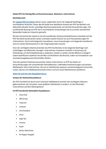 Global RTD Tea Marktgröße und Branchenanalyse, Wachstum, Unternehmen