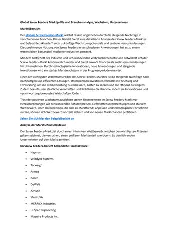 Global Screw Feeders Marktgröße und Branchenanalyse, Wachstum, Unternehmen
