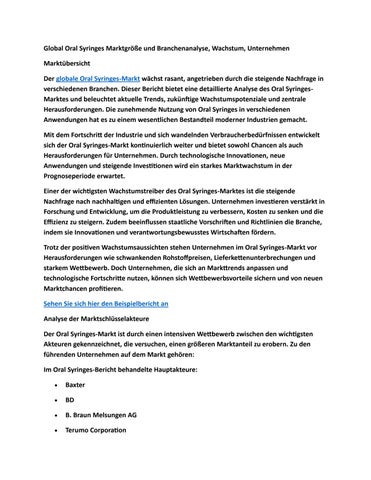 Global Oral Syringes Marktgröße und Branchenanalyse, Wachstum, Unternehmen