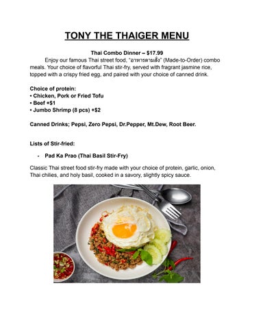 TONY THE THAIGER MENU