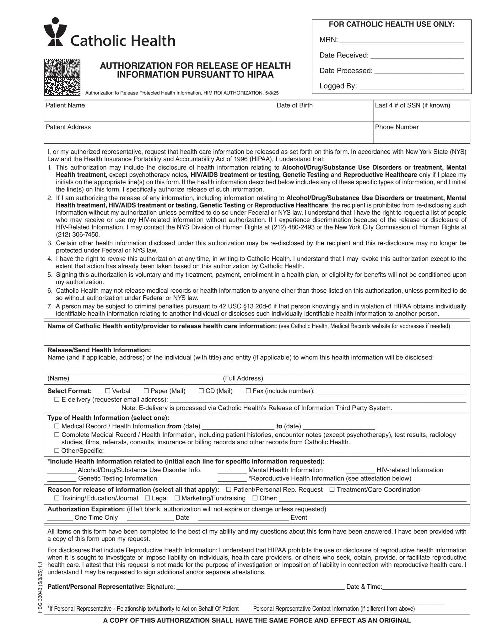 Authorization for release of Health Information by Catholic Health - Issuu