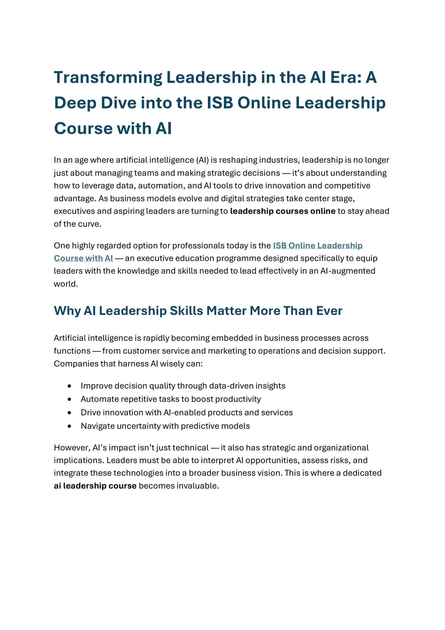 Transforming Leadership in the AI Era: A Deep Dive into the ISB Online ...