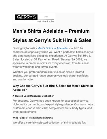 Men’s Shirts Adelaide – Premium Styles at Gerry’s Suit Hire & Sales