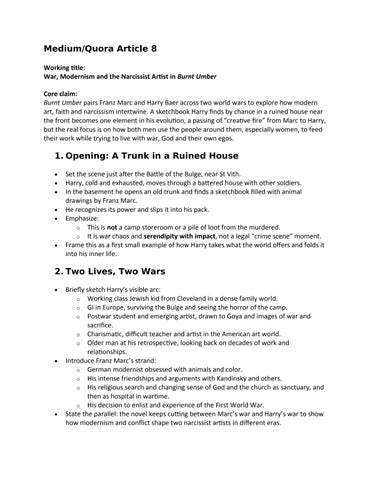 Working title: War, Modernism and the Narcissist Artist in Burnt Umber