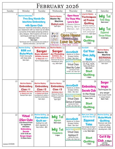 Inspired to Sew Calendar February-April 2026