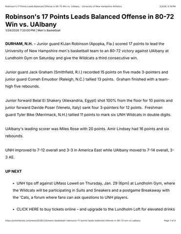 Robinson's 17 Points Leads Balanced Offense in 80-72 Win vs. UAlbany - University of New Hampshire A