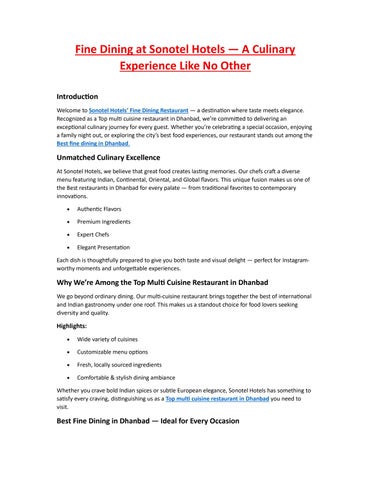 Top Multi Cuisine Restaurant in Dhanbad | Sonotel Hotels Fine Dining