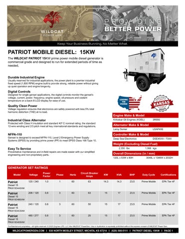 WILDCAT PATRIOT 15KW MOBILE DIESEL SPEC SHEET
