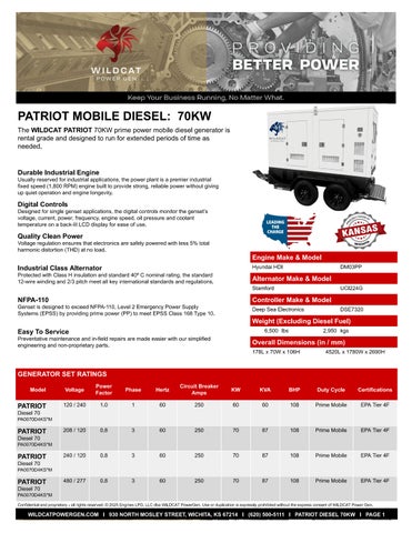 WILDCAT PATRIOT 70KW MOBILE DIESEL RENTAL PACKAGE SPEC SHEET