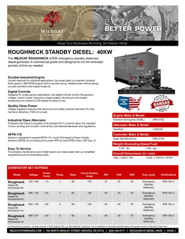 WILDCAT ROUGHNECK 40KW STANDBY DIESEL SPEC SHEET