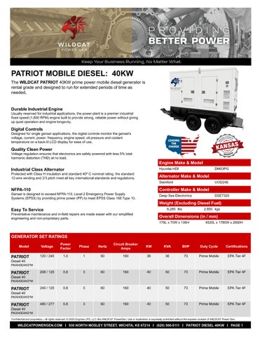 WILDCAT PATRIOT 40KW MOBILE DIESEL RENTAL PACKAGE SPEC SHEET
