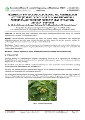 PRELIMINARY PHYTOCHEMICAL SCREENING AND ANTIMICROBIAL ACTIVITY (STAPHYLOCOCCUS AUREUS AND PSEUDOMONA