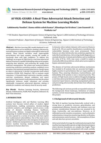 AI VIGIL-GUARD: A Real-Time Adversarial Attack Detection and Defense System for Machine Learning Mod