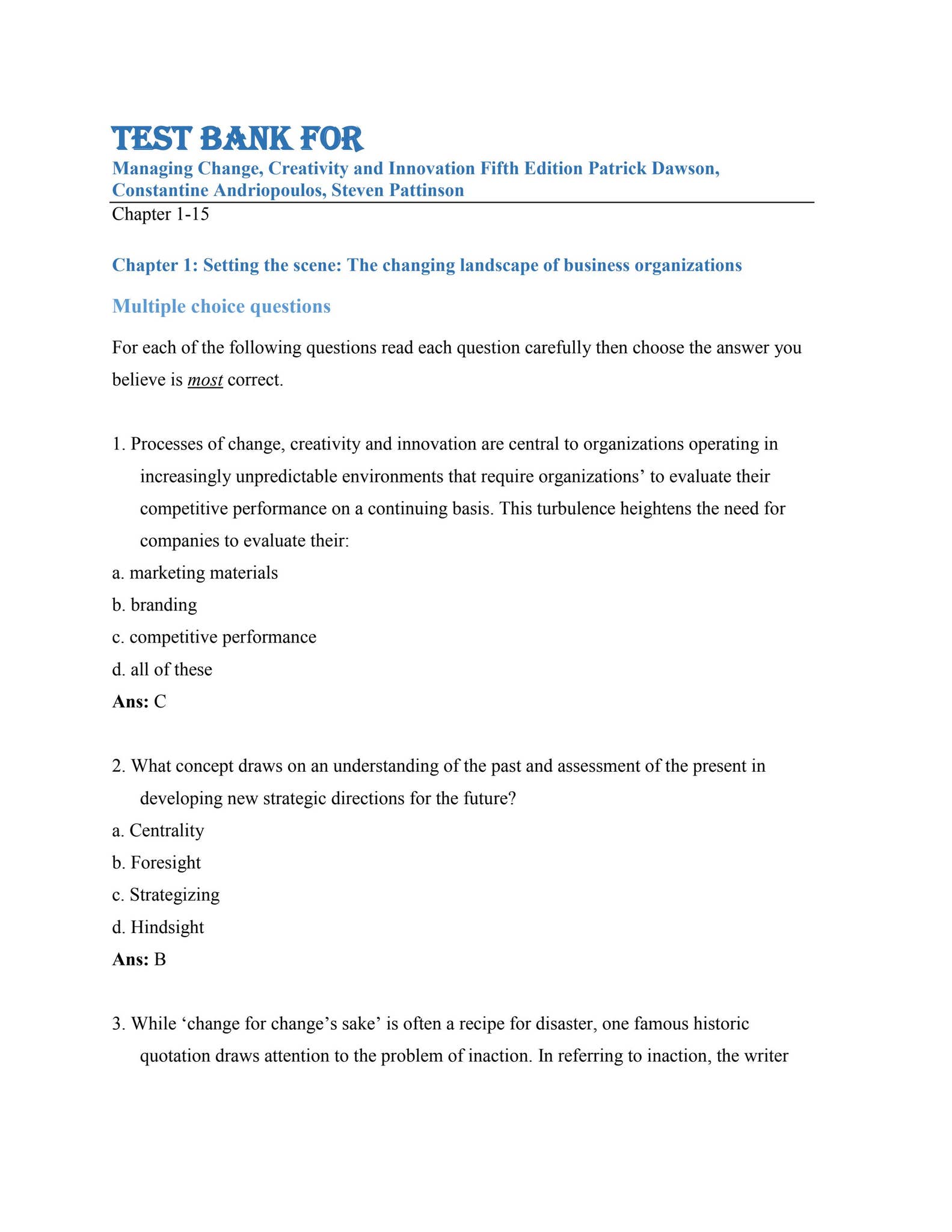 Test Bank For Managing Change, Creativity and Innovation Fifth Edition ...