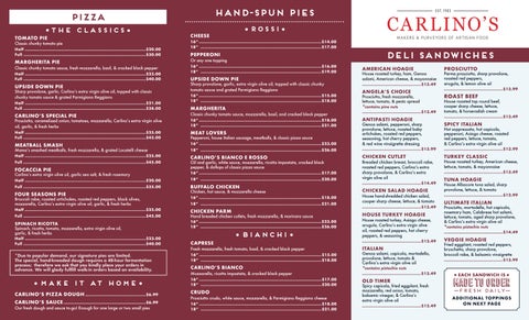 Carlinos Sandwich/Pizza Menu