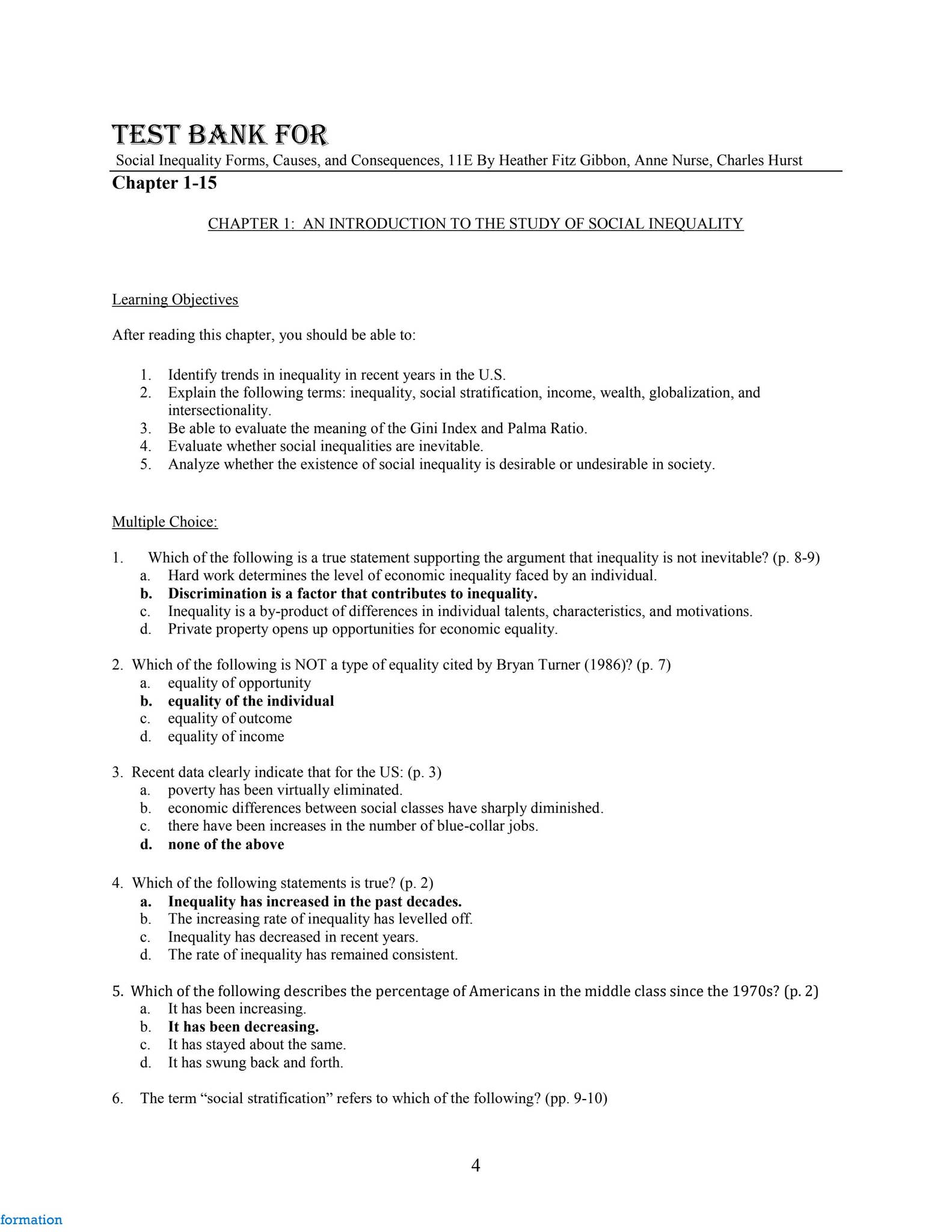 Test Bank For Social Inequality Forms, Causes, and Consequences, 11th ...