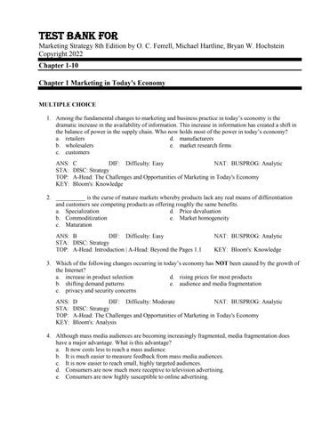 Test Bank For Marketing Strategy 8th Edition by O. C. Ferrell, Michael Hartline, Bryan W. Hochstein 