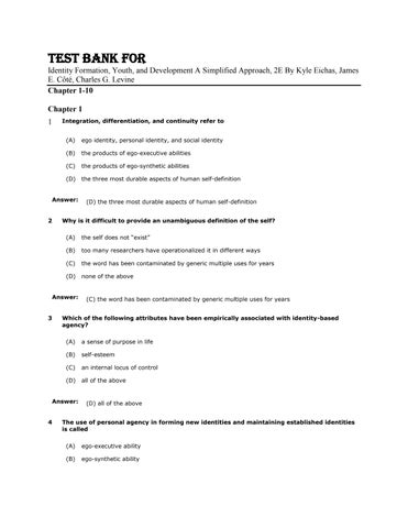 Test Bank For Identity Formation, Youth, and Development A Simplified Approach, 2E By Kyle Eichas, J