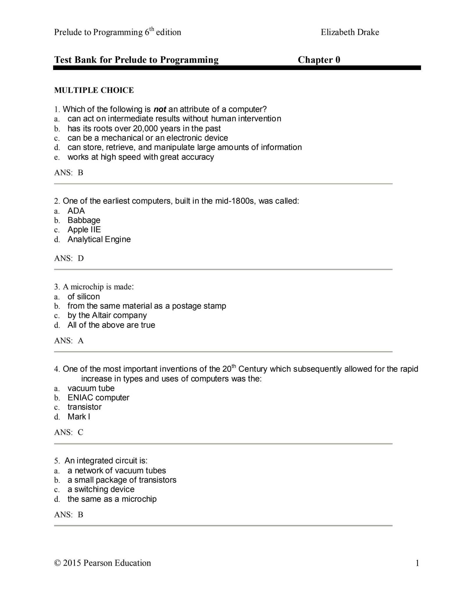 Test Bank for Prelude to Programming 6th edition by Stewart Venit, Elizabeth Drake by AnswerDone ...