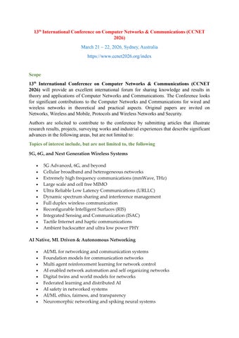 13th International Conference on Computer Networks & Communications (CCNET 2026)