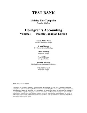 Test Bank for Horngren's Accounting, Volume 1, Canadian Edition, 12th Edition By Tracie Miller Noble