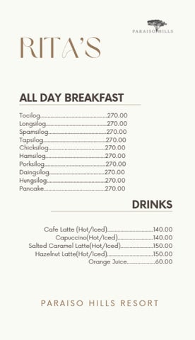 PARAISO HILLS RESORT - MENU