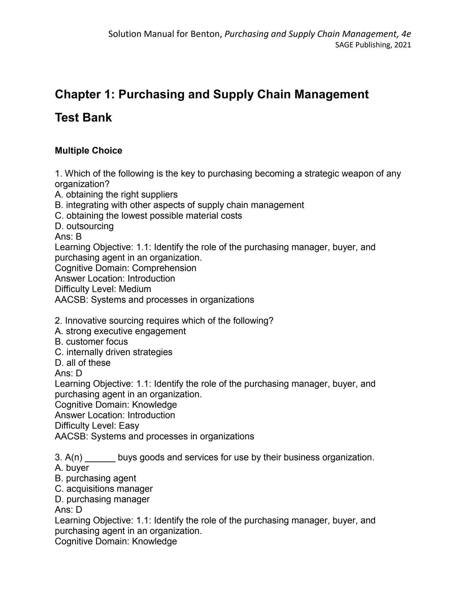 Test Bank for Purchasing and Supply Chain Management 4th Edition by W ...