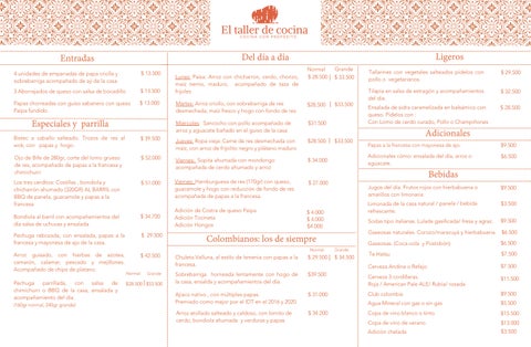 Menú El Taller de cocina 2026