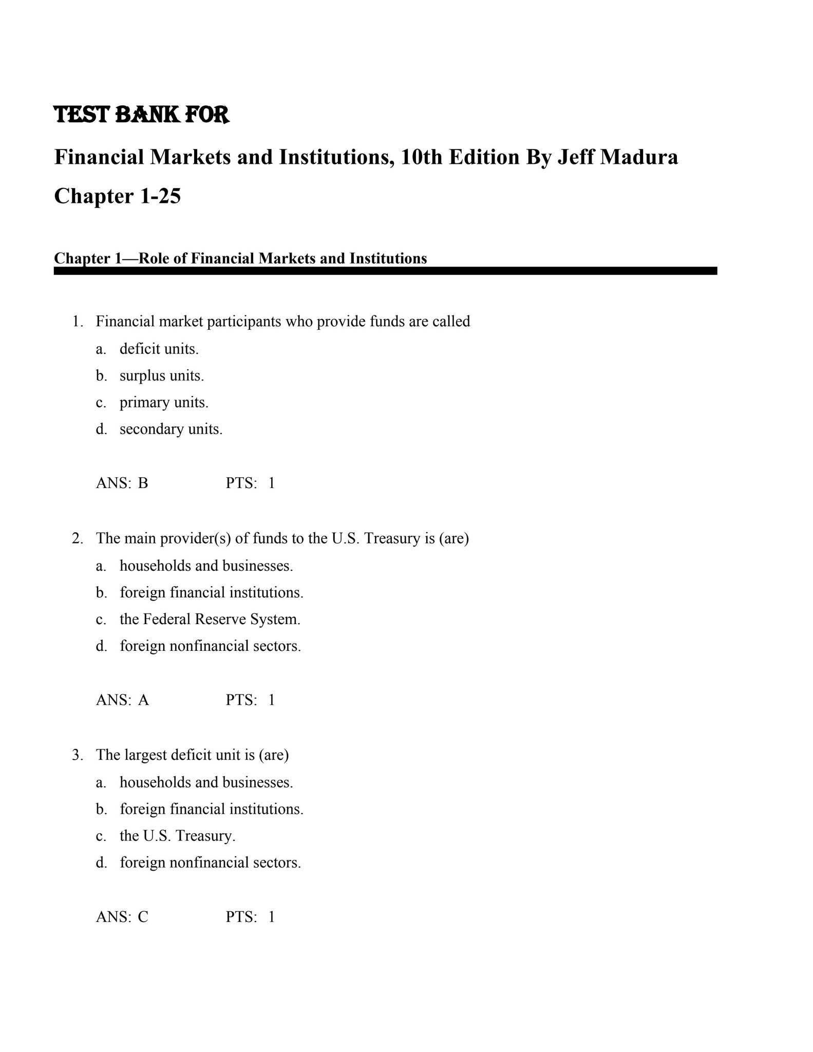 Test Bank For Financial Markets and Institutions, 10th Edition By Jeff ...