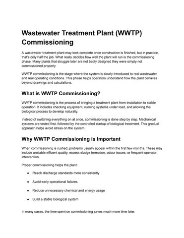 Wastewater Treatment Plant (WWTP) Commissioning