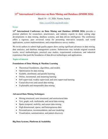 Call fro Papers - 13th International Conference on Data Mining and Database (DMDB 2026)