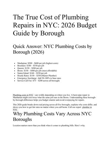 Quick Answer: NYC Plumbing Costs by Borough (2026)